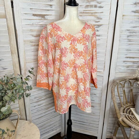 J. JILL Women's L Coral Reef Embroidered Tunic Top Linen Orange Cream Beachy - Picture 5 of 16